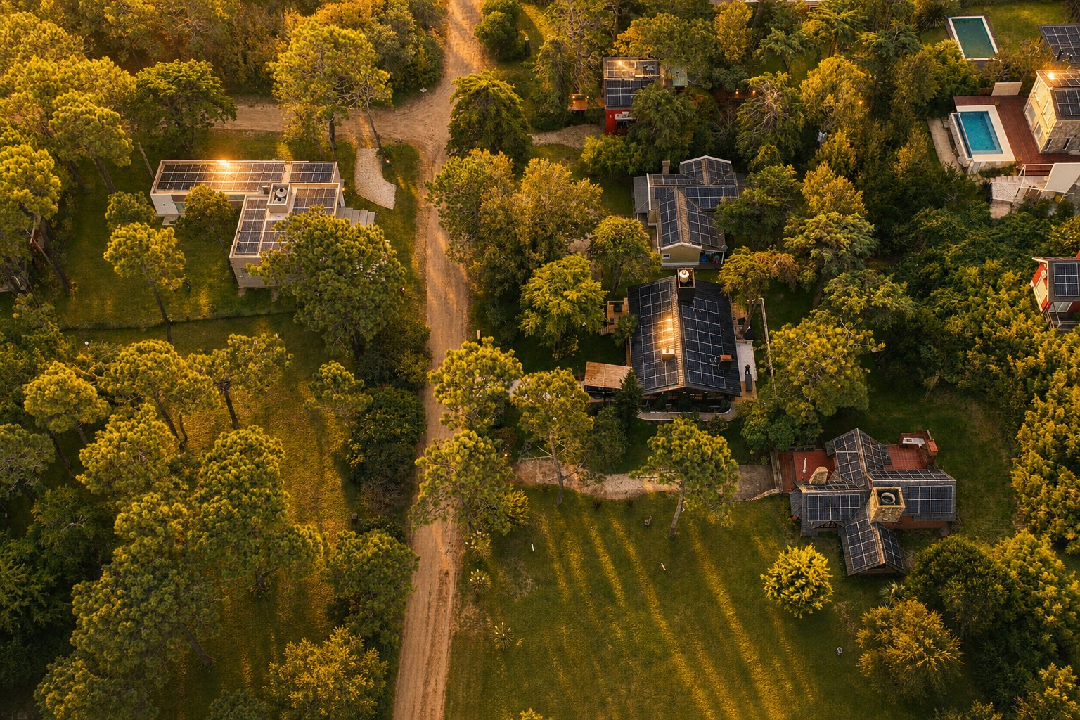 Vista aérea al atardecer de varias casas con paneles solares en el techo