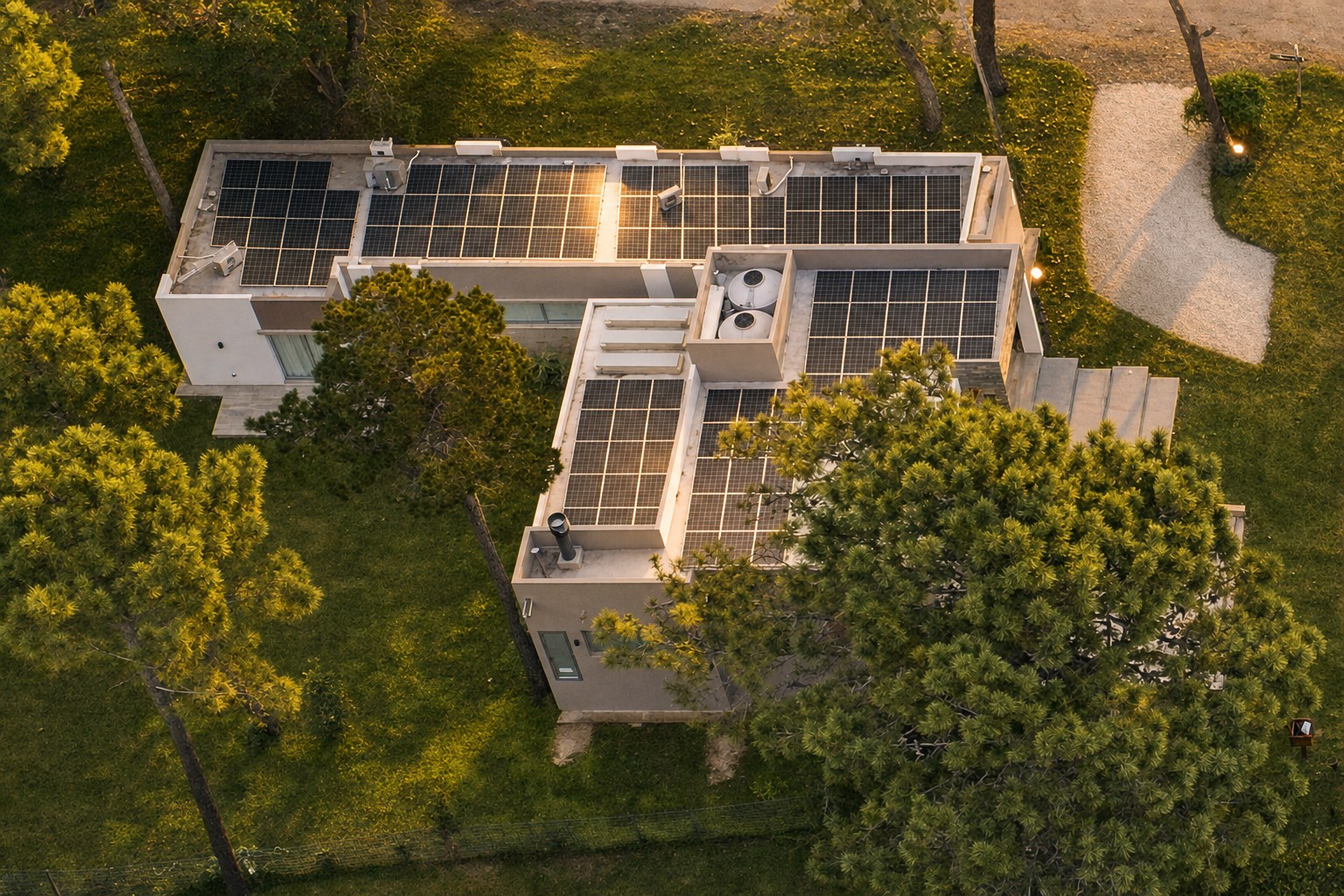 Vista aérea al atardecer de una casa con techo plano cubierto de paneles solares