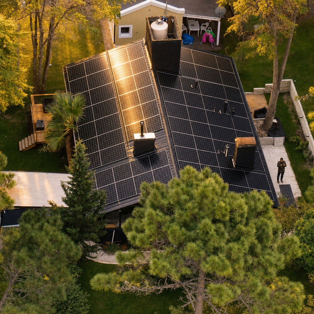 Vista aérea de un techo con paneles solares recién instalados